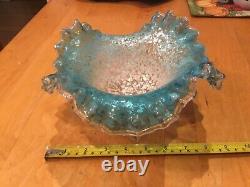Art Glass Bowl Candy Dish Hand Blown Vtg Antique Victorian Ruffled green 8inches