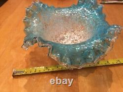 Art Glass Bowl Candy Dish Hand Blown Vtg Antique Victorian Ruffled green 8inches