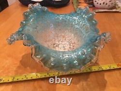 Art Glass Bowl Candy Dish Hand Blown Vtg Antique Victorian Ruffled green 8inches