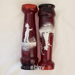 Art Glass Mary Gregory Vases Pair Victorian Enameled Red / Cranberry 9½T Vtg