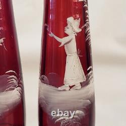 Art Glass Mary Gregory Vases Pair Victorian Enameled Red / Cranberry 9½T Vtg