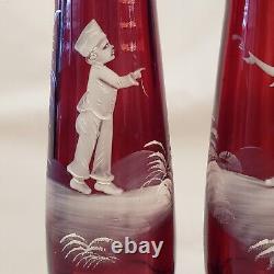 Art Glass Mary Gregory Vases Pair Victorian Enameled Red / Cranberry 9½T Vtg