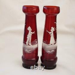 Art Glass Mary Gregory Vases Pair Victorian Enameled Red / Cranberry 9½T Vtg