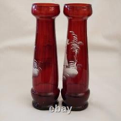 Art Glass Mary Gregory Vases Pair Victorian Enameled Red / Cranberry 9½T Vtg