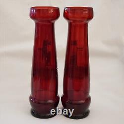 Art Glass Mary Gregory Vases Pair Victorian Enameled Red / Cranberry 9½T Vtg