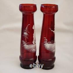 Art Glass Mary Gregory Vases Pair Victorian Enameled Red / Cranberry 9½T Vtg