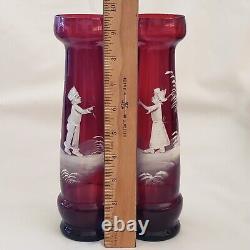 Art Glass Mary Gregory Vases Pair Victorian Enameled Red / Cranberry 9½T Vtg