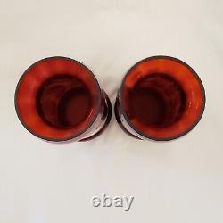 Art Glass Mary Gregory Vases Pair Victorian Enameled Red / Cranberry 9½T Vtg