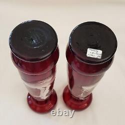 Art Glass Mary Gregory Vases Pair Victorian Enameled Red / Cranberry 9½T Vtg