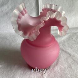 Art Glass Vase Satin Cranberry Pink Opalescent Cased Glass Ruffle Top 10 Vtg