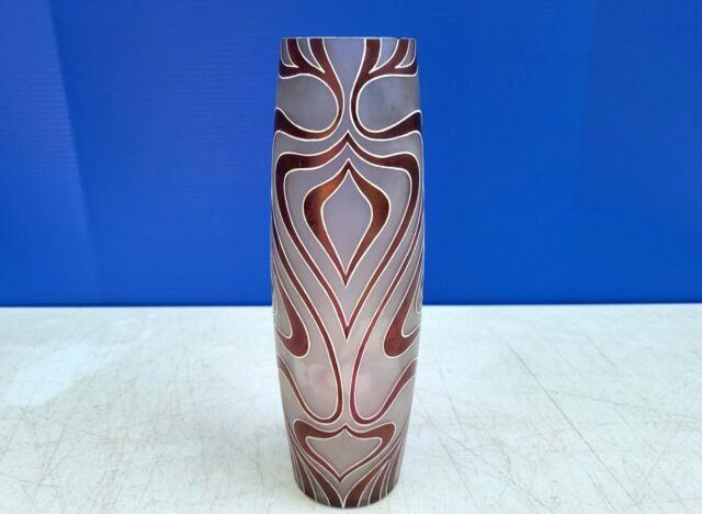 Art Nouveau Art Glass Vase C1900 Frosted Glass Stylized White Enamel W Maroon