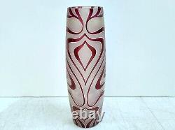 Art Nouveau Art Glass Vase c1900 Frosted Glass Stylized White Enamel w Maroon