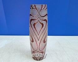 Art Nouveau Art Glass Vase c1900 Frosted Glass Stylized White Enamel w Maroon