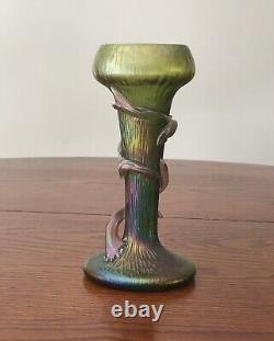 Art Nouveau Bohemian Czech Kralik Green Iridescent Thorn Vine Vase c1900 8Tall