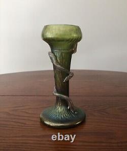 Art Nouveau Bohemian Czech Kralik Green Iridescent Thorn Vine Vase c1900 8Tall