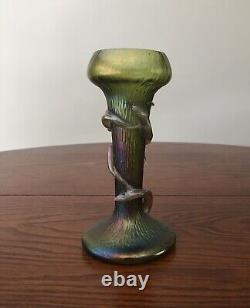 Art Nouveau Bohemian Czech Kralik Green Iridescent Thorn Vine Vase c1900 8Tall