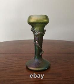 Art Nouveau Bohemian Czech Kralik Green Iridescent Thorn Vine Vase c1900 8Tall