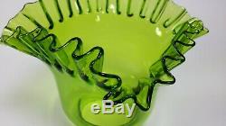 Art Nouveau French Antique Victorian Oil Lamp Green Glass Ruffled Shade 1910s