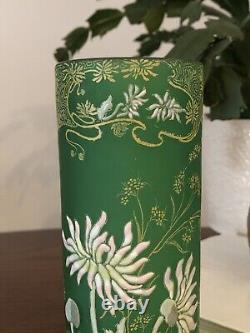 Art Nouveau French Legras Enamel Chrysanthemum Satin Glass Vase c1900