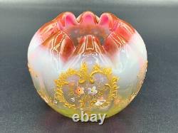 Art Nouveau French Uranium Opaline Art Glass Rose Bowl Vase Painted Enamel c1900