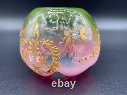 Art Nouveau French Uranium Opaline Art Glass Rose Bowl Vase Painted Enamel c1900