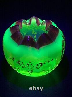 Art Nouveau French Uranium Opaline Art Glass Rose Bowl Vase Painted Enamel c1900