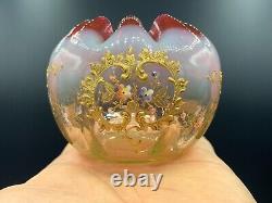 Art Nouveau French Uranium Opaline Art Glass Rose Bowl Vase Painted Enamel c1900