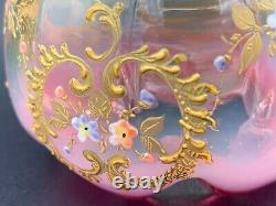 Art Nouveau French Uranium Opaline Art Glass Rose Bowl Vase Painted Enamel c1900