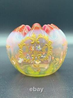 Art Nouveau French Uranium Opaline Art Glass Rose Bowl Vase Painted Enamel c1900