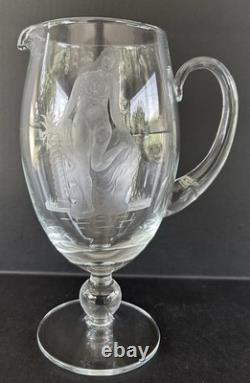 Art Nouveau Glass Pitcher Engraved Etched Nude Woman Victorian Antique