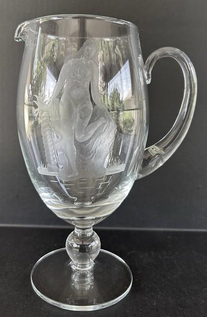 Art Nouveau Glass Pitcher Engraved Etched Nude Woman Victorian Antique
