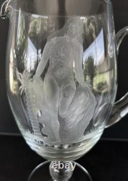 Art Nouveau Glass Pitcher Engraved Etched Nude Woman Victorian Antique