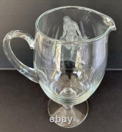 Art Nouveau Glass Pitcher Engraved Etched Nude Woman Victorian Antique