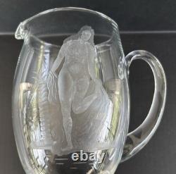 Art Nouveau Glass Pitcher Engraved Etched Nude Woman Victorian Antique