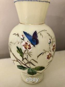 Art Nouveau Harrach Opaline Glass EnamelPaint Butterfly Floral Uranium Vases