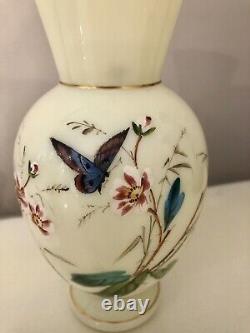 Art Nouveau Harrach Opaline Glass EnamelPaint Butterfly Floral Uranium Vases