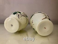 Art Nouveau Harrach Opaline Glass EnamelPaint Butterfly Floral Uranium Vases