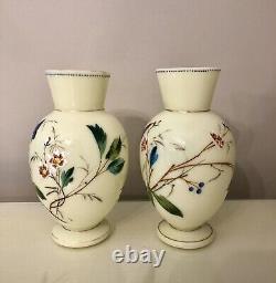 Art Nouveau Harrach Opaline Glass EnamelPaint Butterfly Floral Uranium Vases