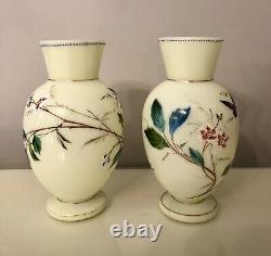 Art Nouveau Harrach Opaline Glass EnamelPaint Butterfly Floral Uranium Vases