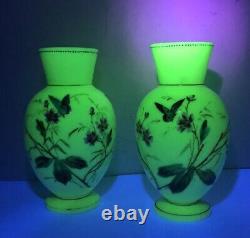 Art Nouveau Harrach Opaline Glass EnamelPaint Butterfly Floral Uranium Vases