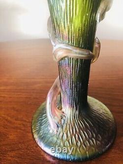 Art Nouveau Kralik Bohemian Czech Green Iridescent Glass Thorn Vine Vase 8 T