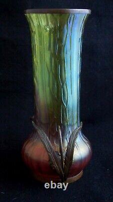 Art Nouveau Kralik Bronze-mounted Iridescent Bohemian Art Glass Vase, 1900