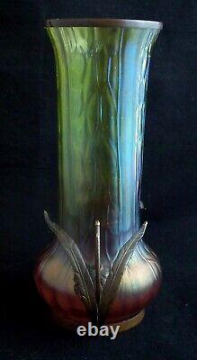 Art Nouveau Kralik Bronze-mounted Iridescent Bohemian Art Glass Vase, 1900