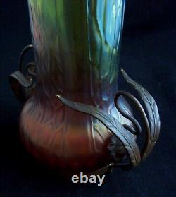 Art Nouveau Kralik Bronze-mounted Iridescent Bohemian Art Glass Vase, 1900