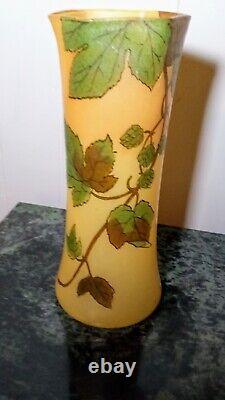 Art Nouveau Legras French Etched Enamel Art glass Vase Leaves. Unsigned