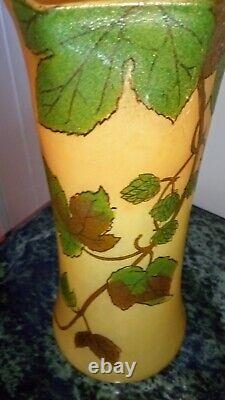 Art Nouveau Legras French Etched Enamel Art glass Vase Leaves. Unsigned