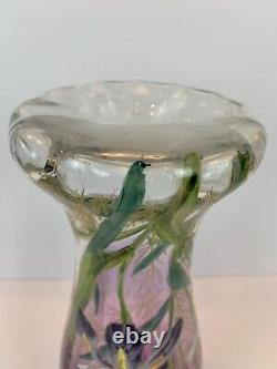 Art Nouveau Mont Joye Legras IRIS Art Glass Vase Purple to Clear French Enamel