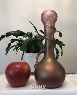 Art Nouveau Tendril Iridescent Pink Glass Vase Rindskopf Bohemian Czech 10 Tall