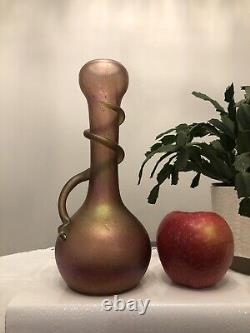 Art Nouveau Tendril Iridescent Pink Glass Vase Rindskopf Bohemian Czech 10 Tall