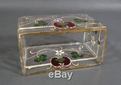 Art Nouveau Victorian Glass Jewelry Vanity Jar Trinket Box Painted Enamel Flower